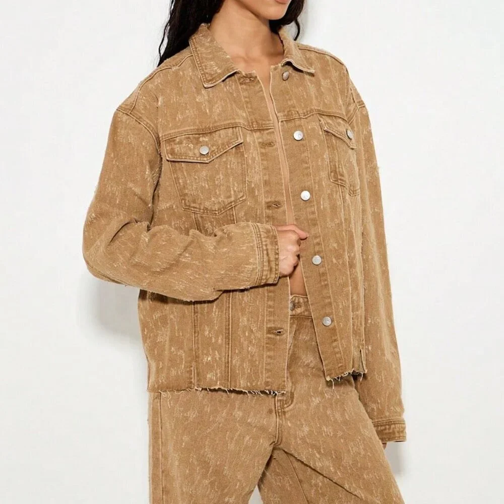 Brown Casual Women's Oversized Denim Trucker Jacket